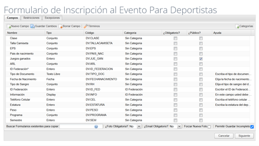 Configurar Formulario PA y Deportistas